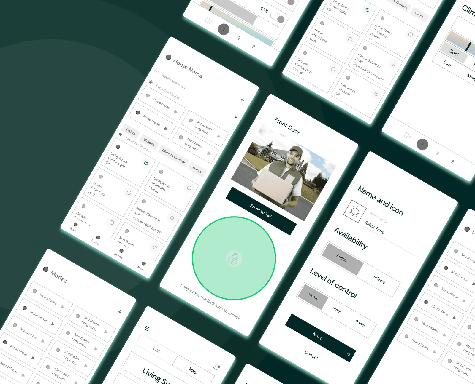 Early wireframes of the redesigned app: home with favorite modes and devices, front door, mode settings and a room list