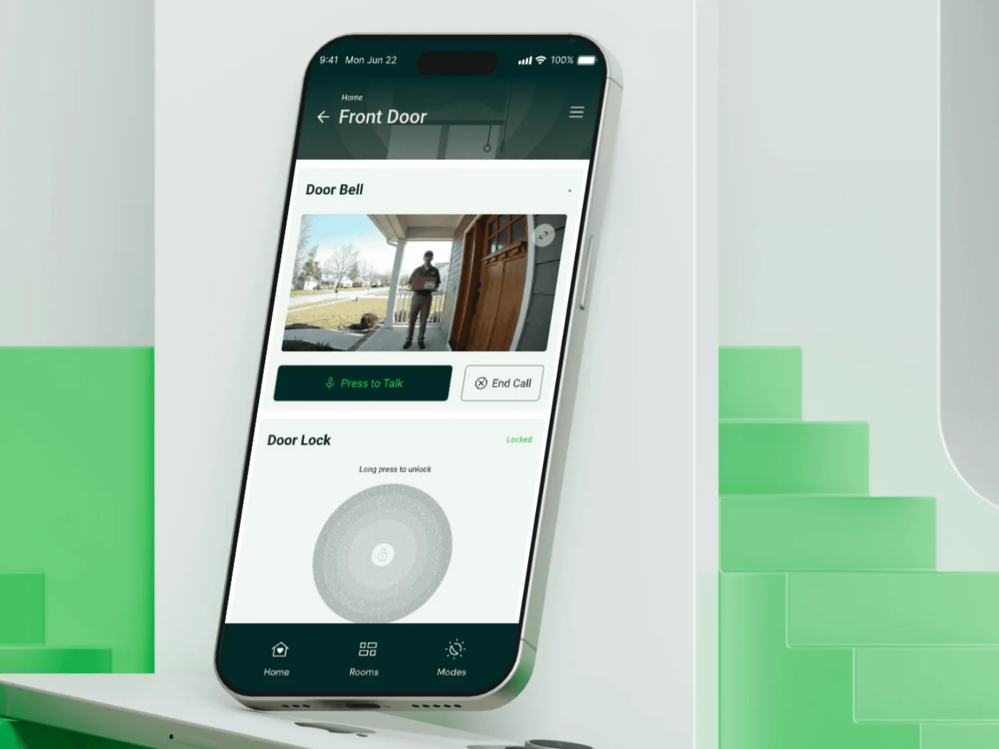 Front Door screen on a phone: doorbell video with Press to Talk and End Call, and a door lock with long press to unlock