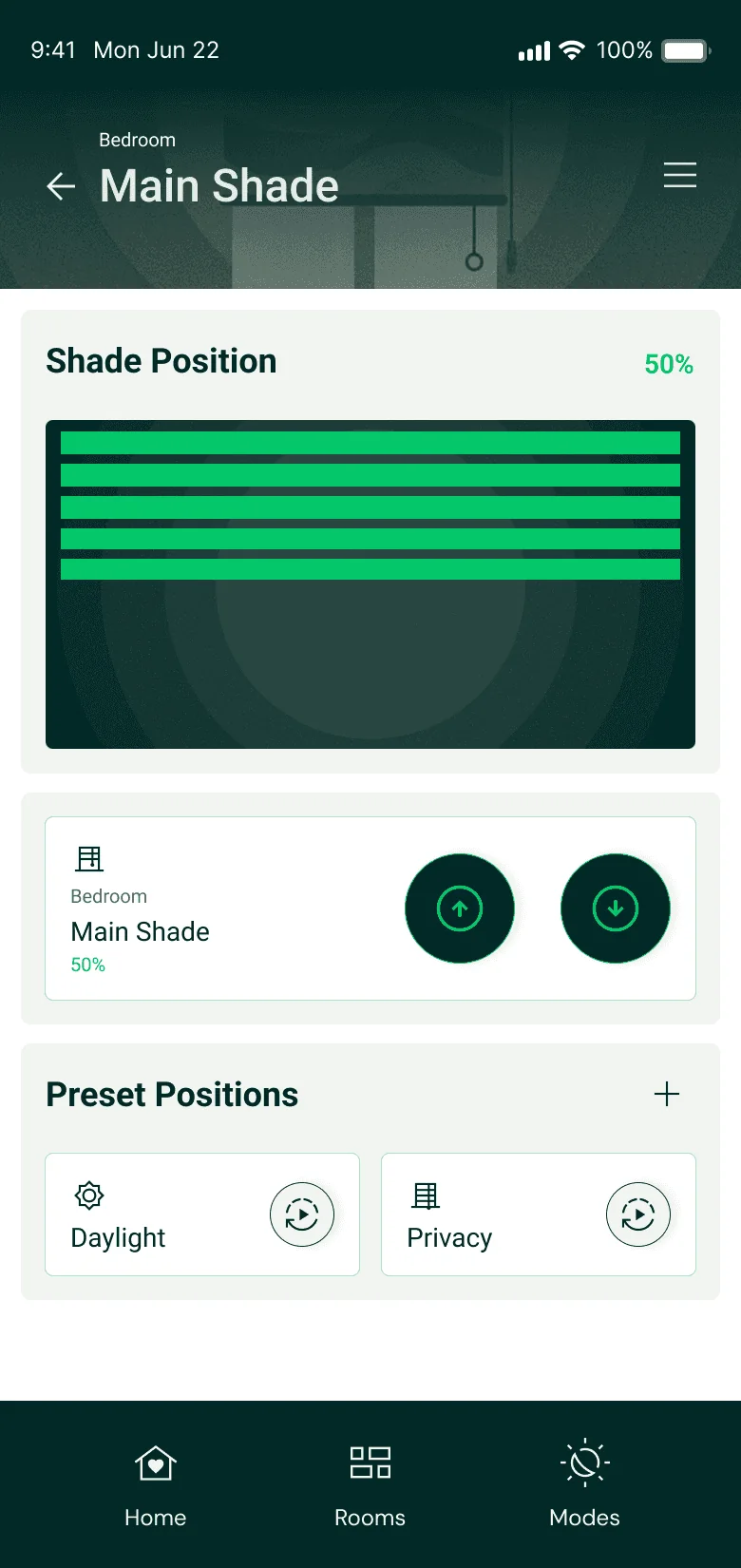 Main Shade screen with shade position at 50 percent and preset positions
