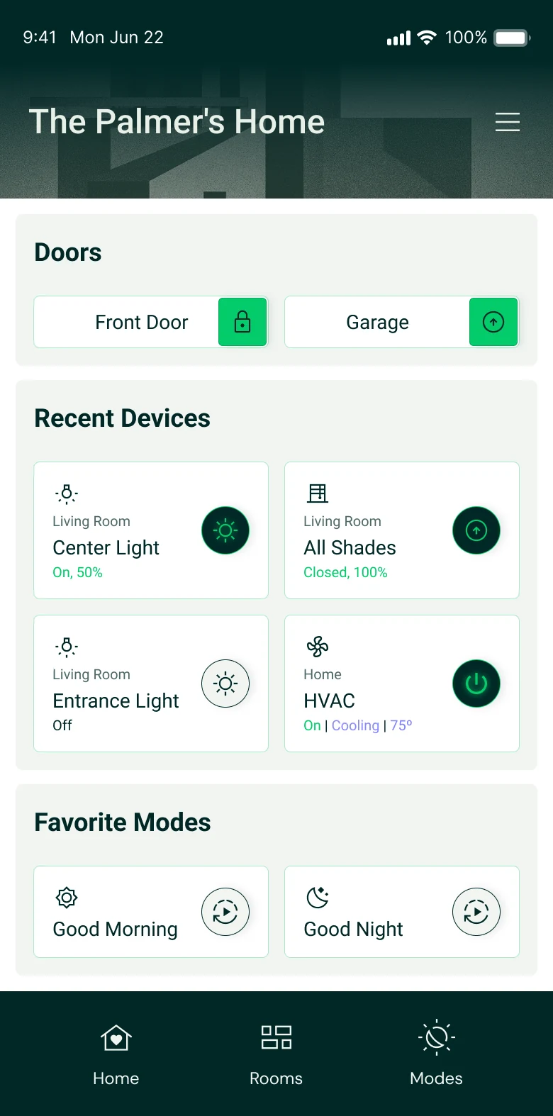 V2 home screen: doors, recent devices and favorite modes, with Home, Rooms and Modes tabs
