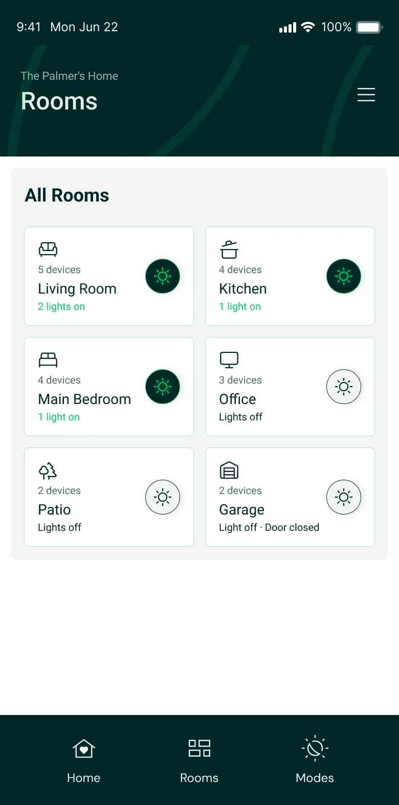 V2 Rooms screen: six room cards, each with its device count, what is on and a light button