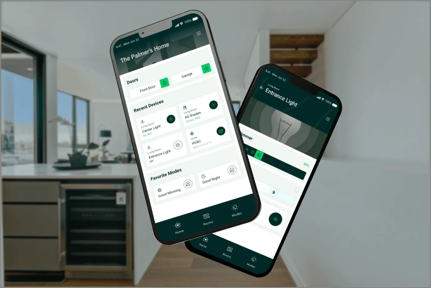 Veev smart home app on two phones