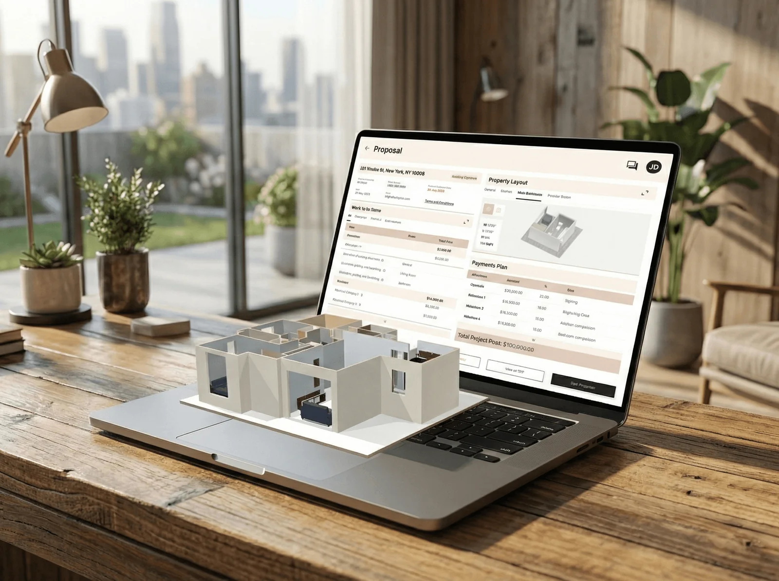 Proposal screen on a laptop with the scope of work, a 3D layout of the home and the payment plan
