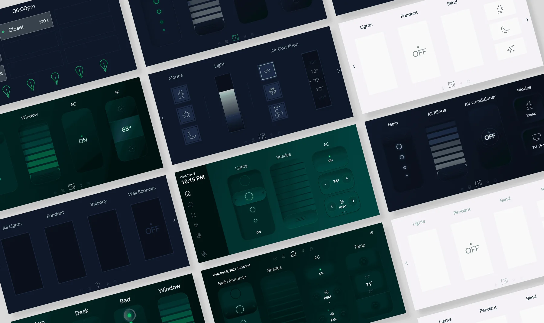 Visual concepts for the panel in dark navy, dark green and light versions, with different layouts for lights, shades, climate and modes