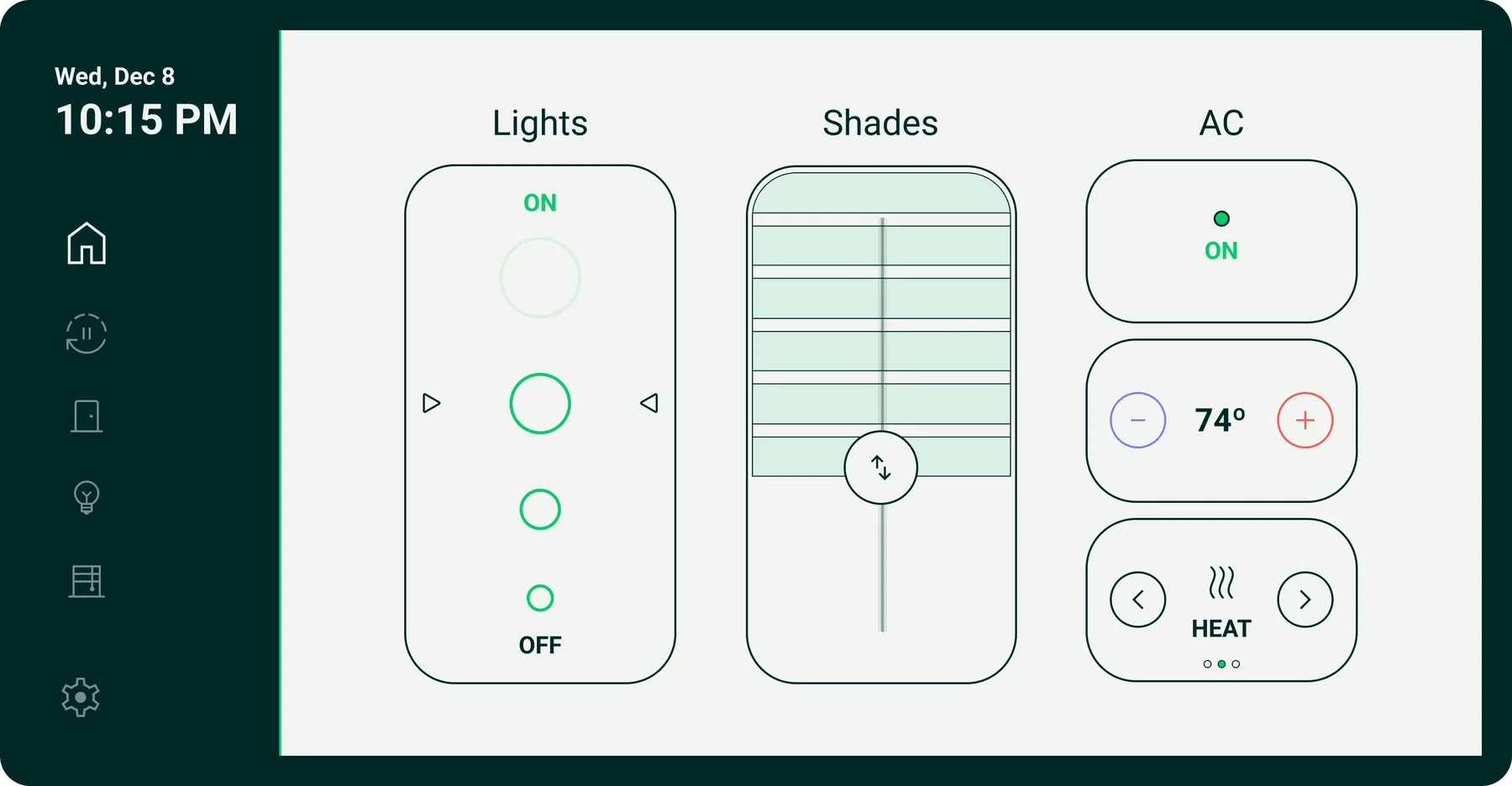 V2 home screen: a Lights control with dots marking the level, Shades with a handle, and AC with plus and minus buttons