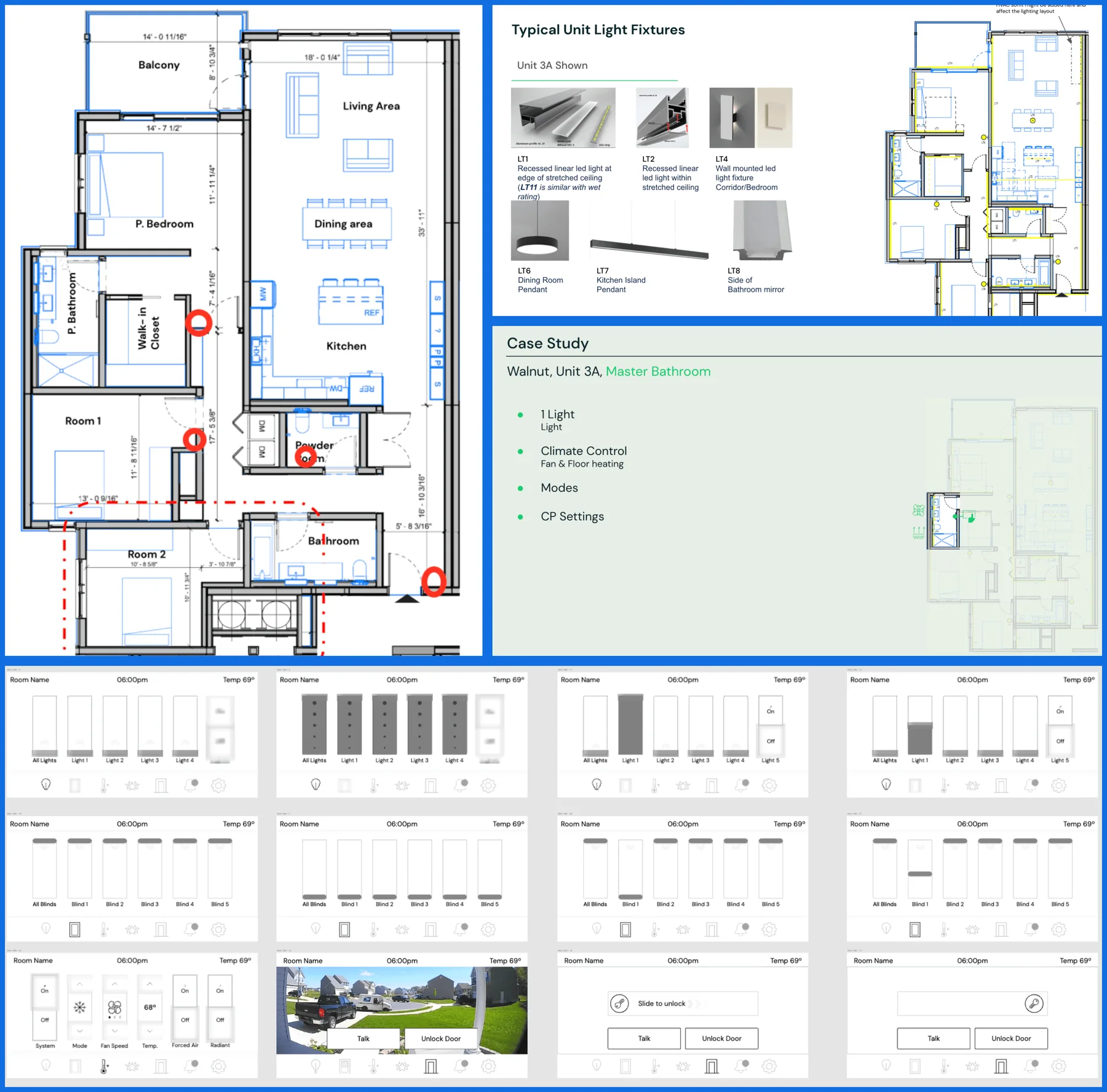 Research board: a unit floor plan, the typical light fixtures of a unit, a room breakdown for the Master Bathroom in unit 3A, and grayscale wireframes for lights, blinds, climate and the front door