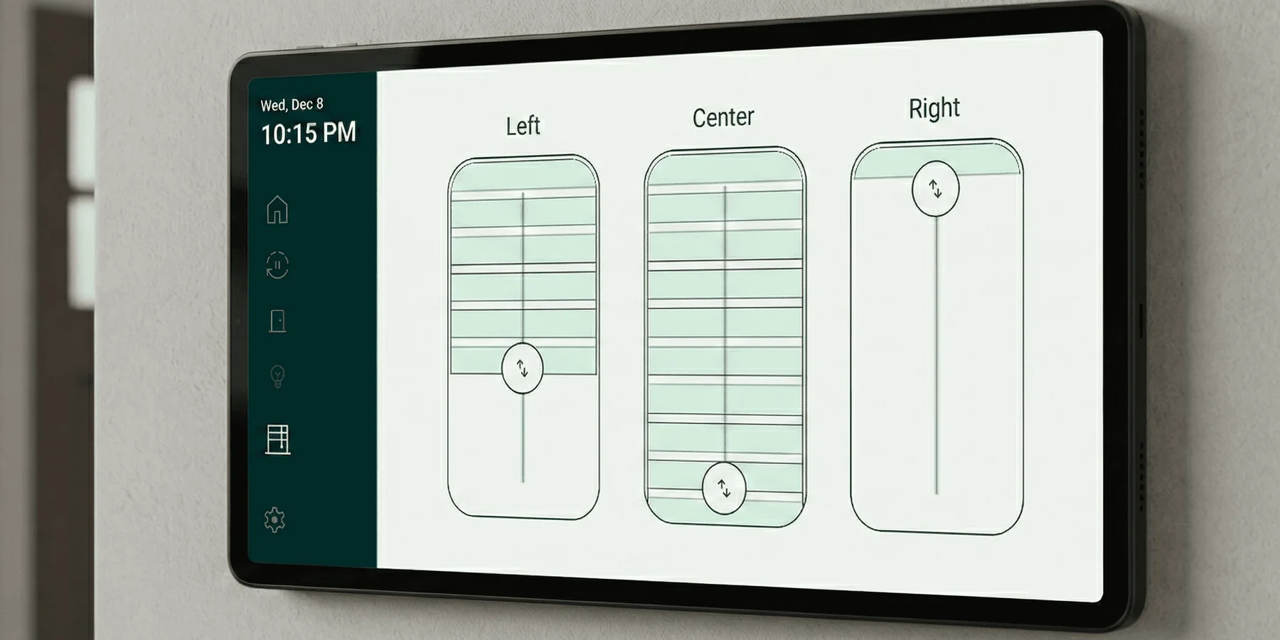Shades screen on a wall panel with three shades, Left, Center and Right, each at a different height