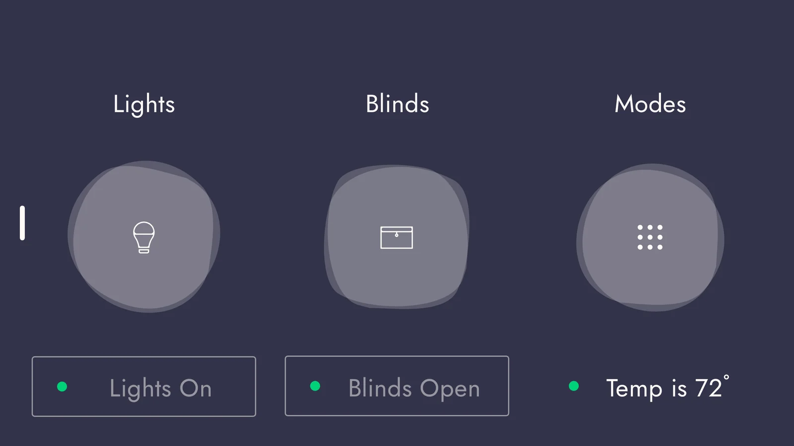 V1 home screen: large round buttons for Lights, Blinds and Modes on a dark navy background, with Lights On and Blinds Open toggles below