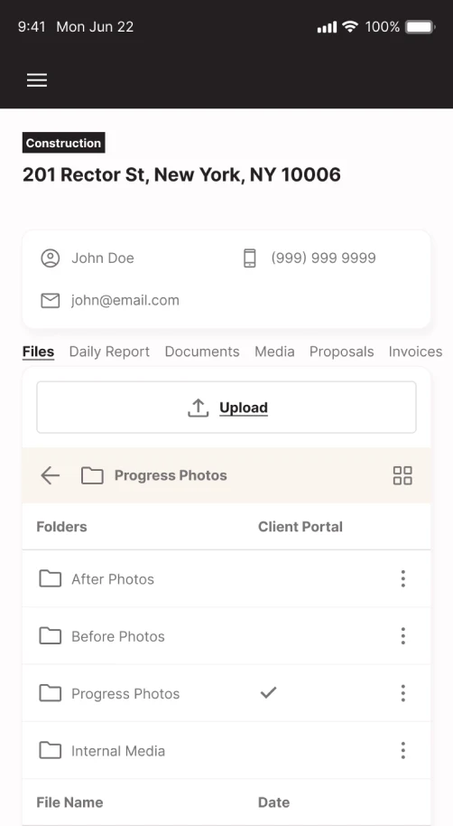 Mobile project view with progress photo folders