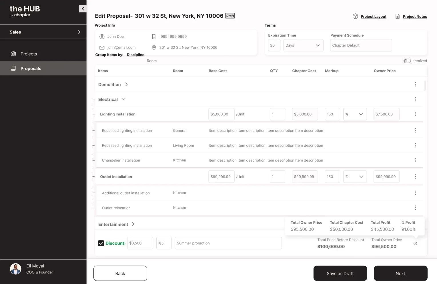 Proposal builder with line items by discipline, cost, markup, owner price and profit totals