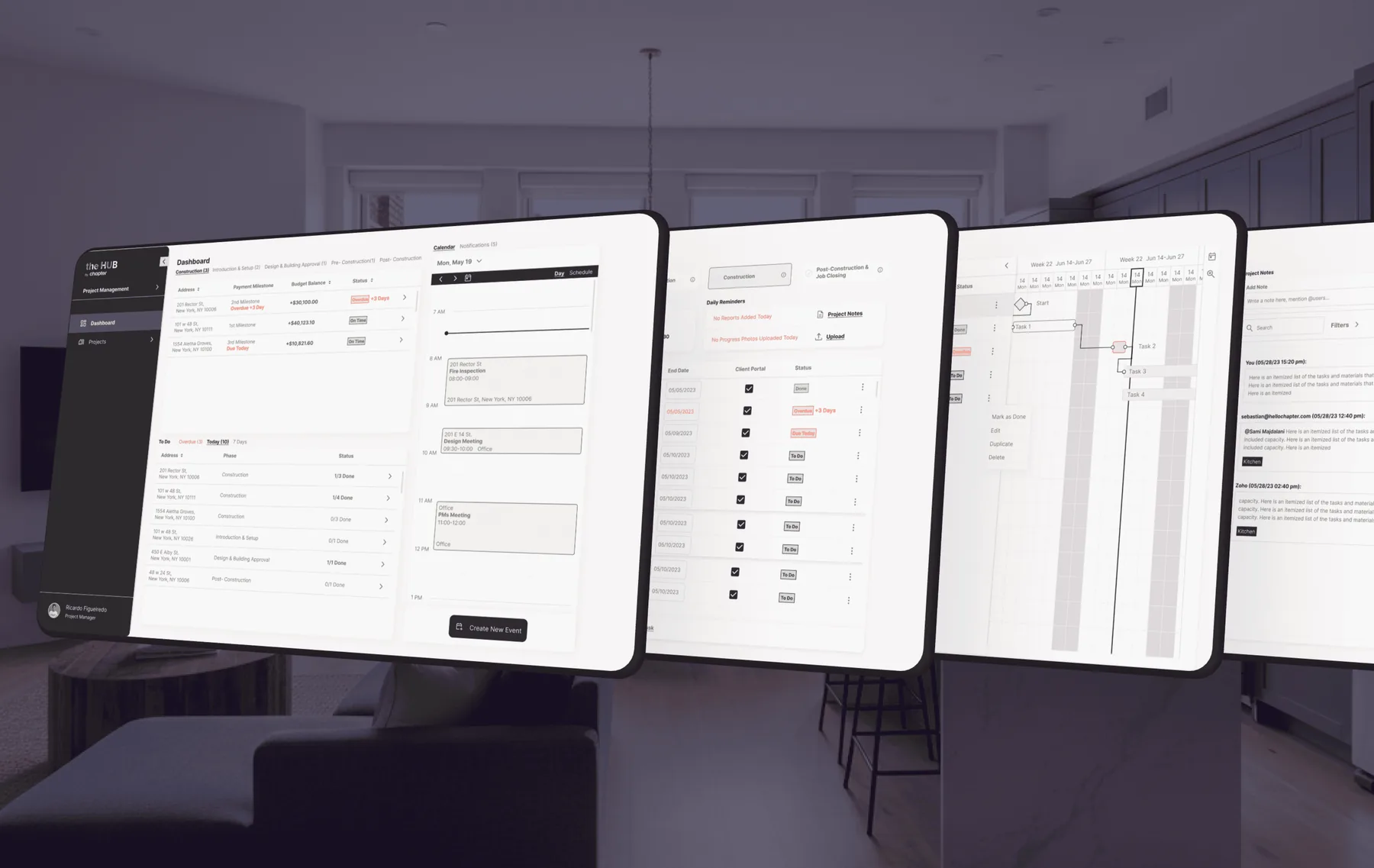 The HUB on several screens: project management, sales and finance views