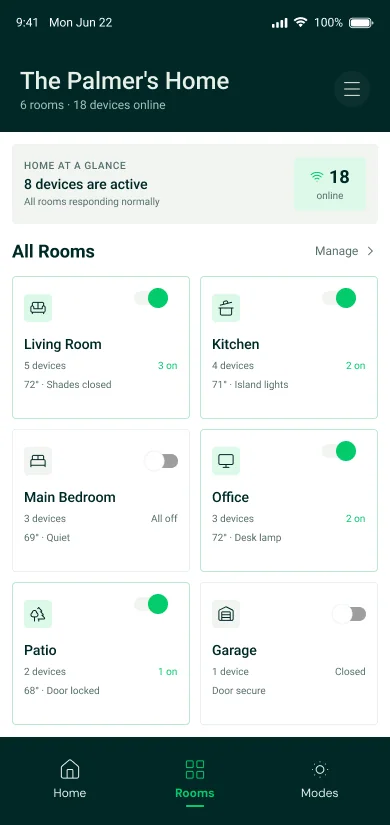My recreation of the Rooms screen in Figma, with toggle switches and a summary card