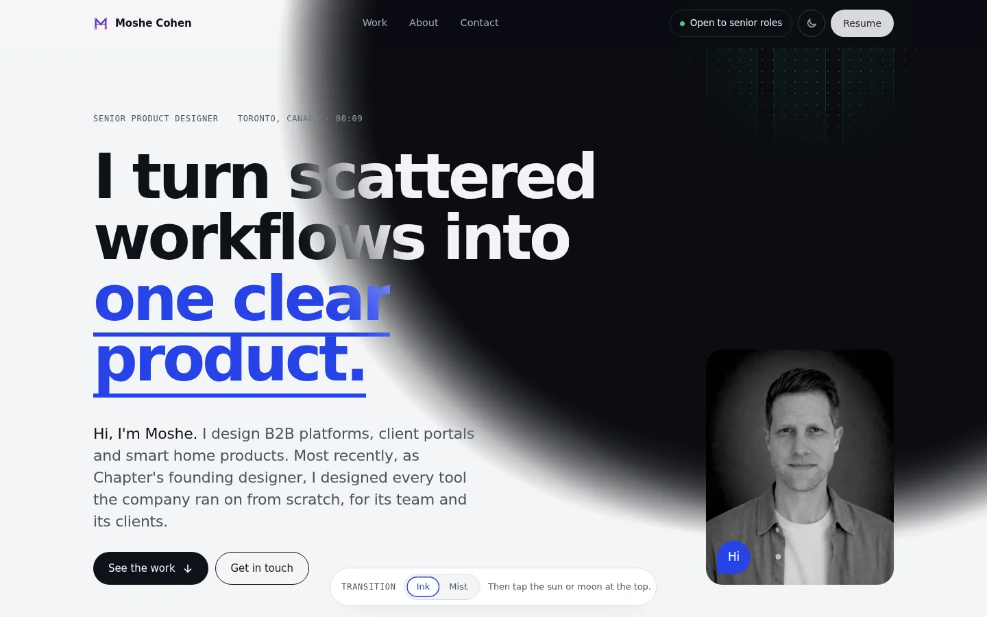 This portfolio switching to dark mode with an ink-like transition