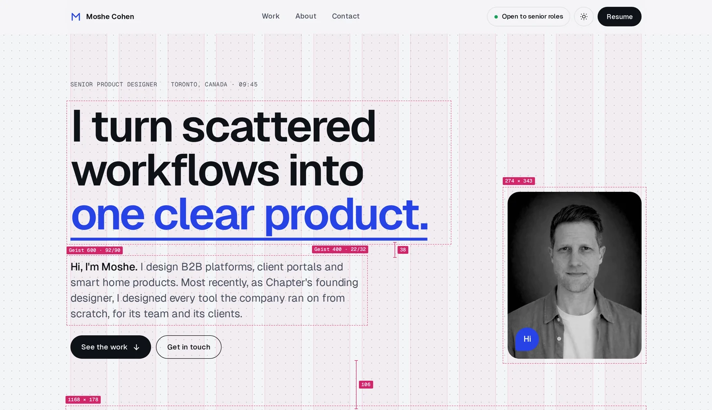 The home page with its design layer showing: a dot grid, twelve columns, dashed element bounds and type specs
