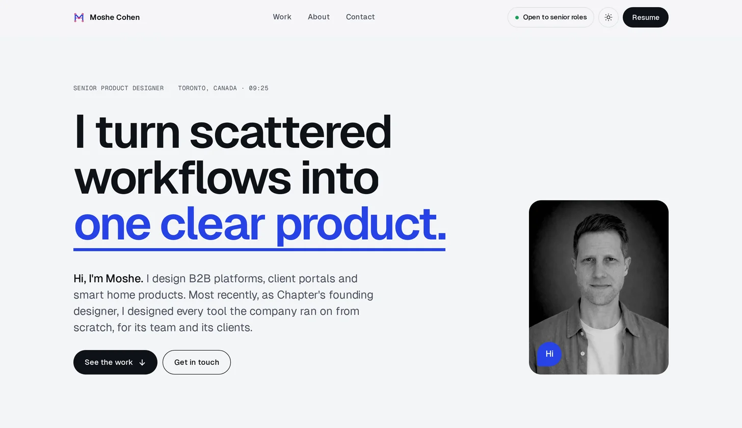 The new home page: a clear headline, a short intro, the portrait and two buttons